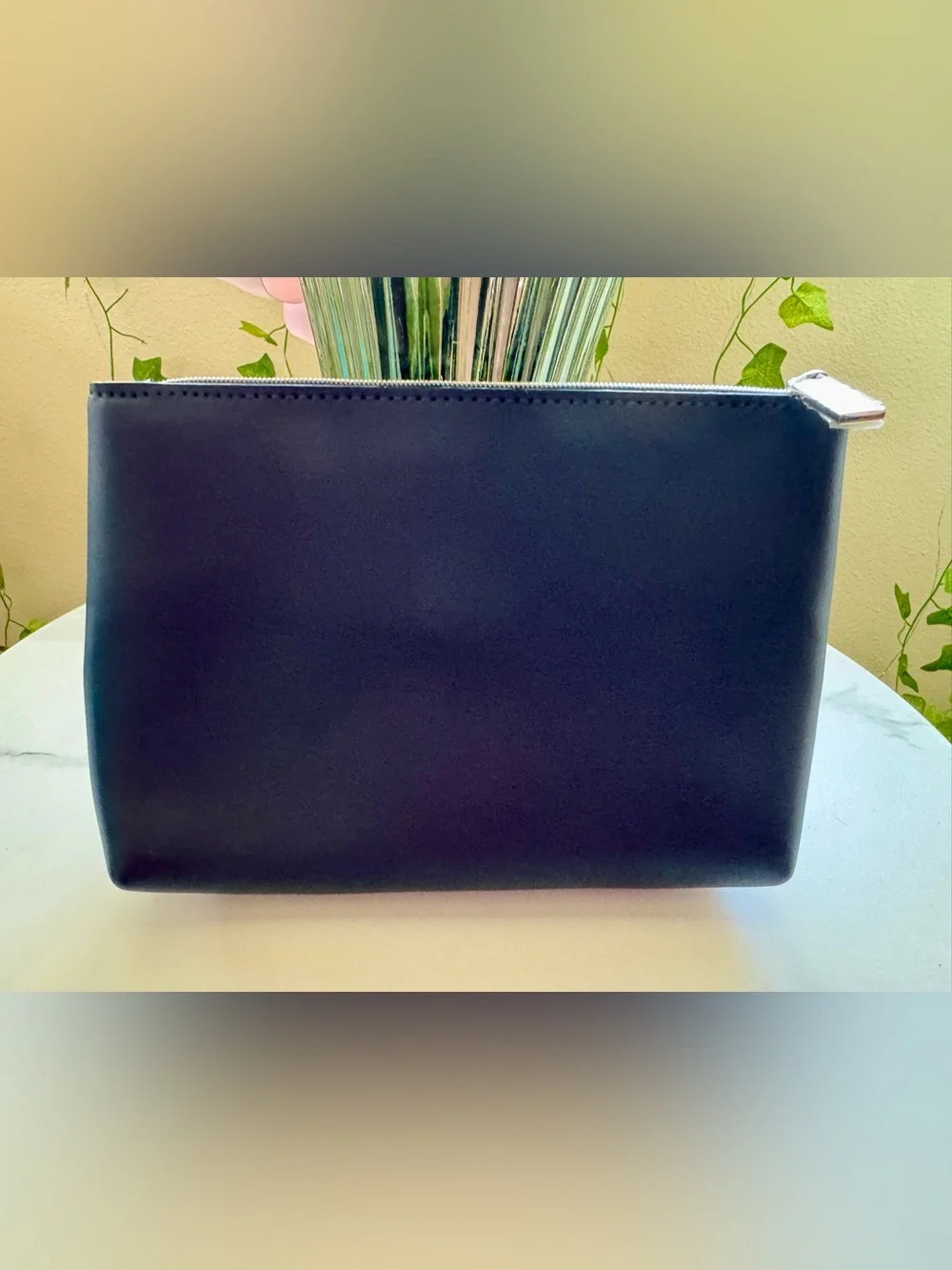 Salvatore Ferragamo navy Leather Cosmetic Pouch with Silver Plaque